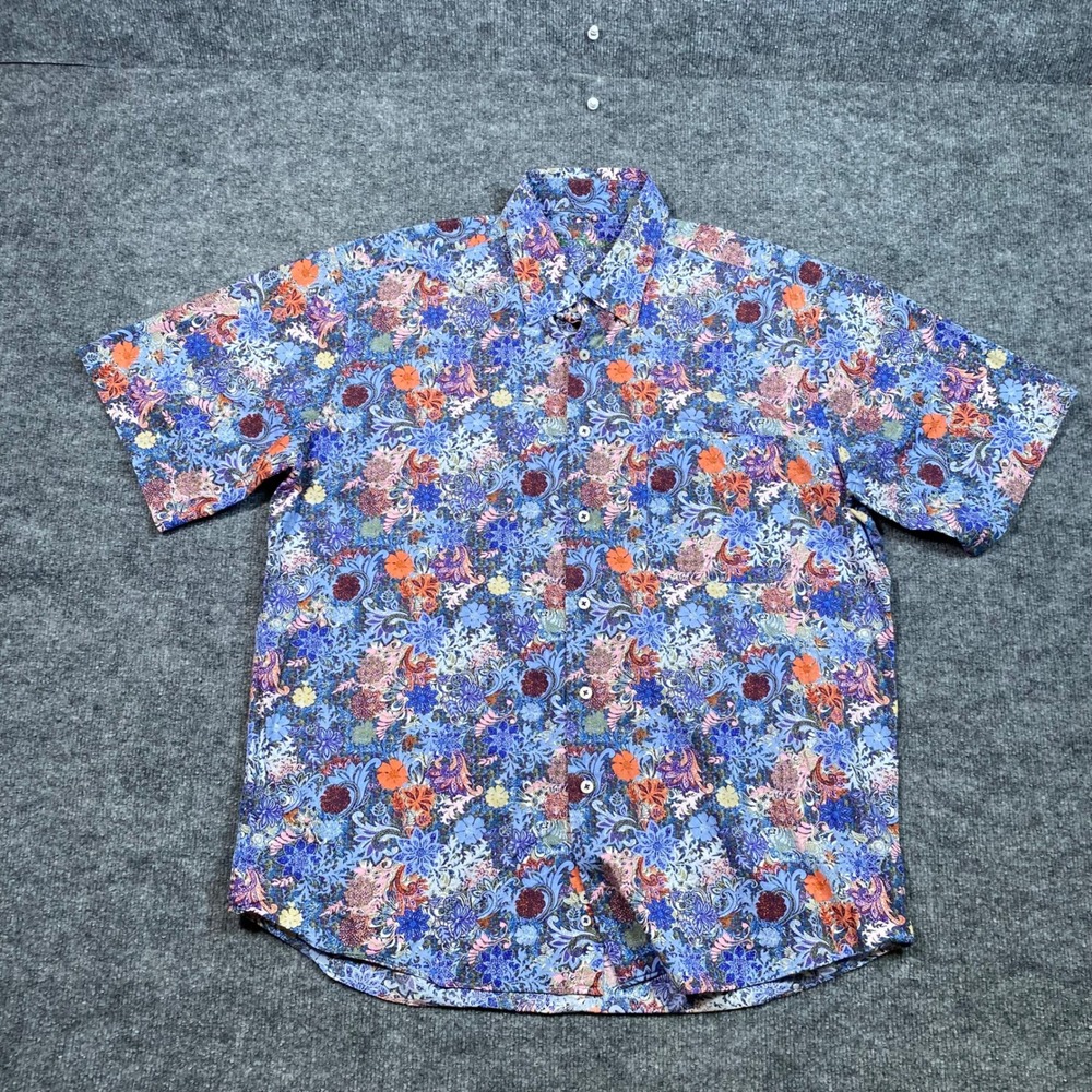 Alan Flusser Mens L Blue Floral Paisley Cotton Short Sleeve Button Down Shirt